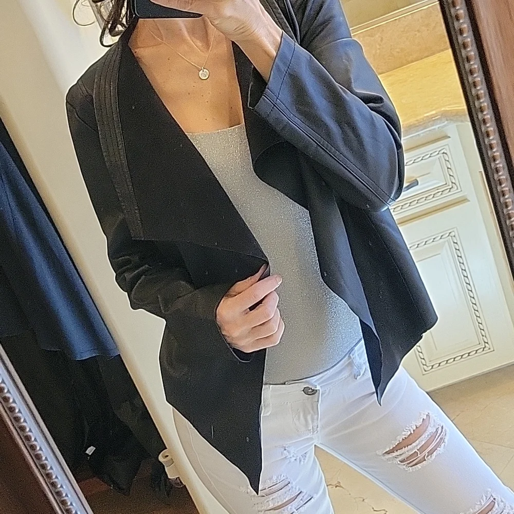 Collection B New York Faux Leather Hi-low Cascading Front Open Jacket, M - Picture 3 of 17